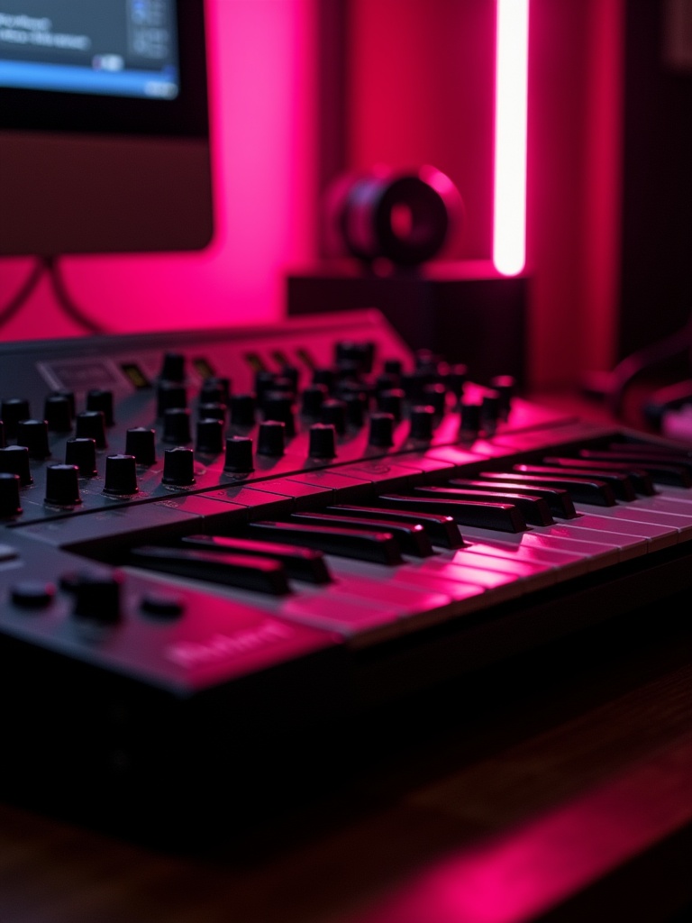 Vintage TR-808 drum machine close-up in pink studio light