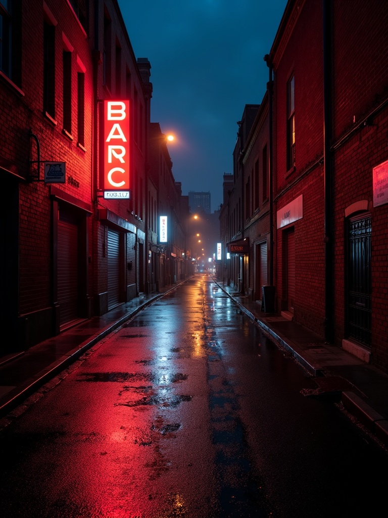 Empty rain-soaked Melbourne lane at night with neon signage